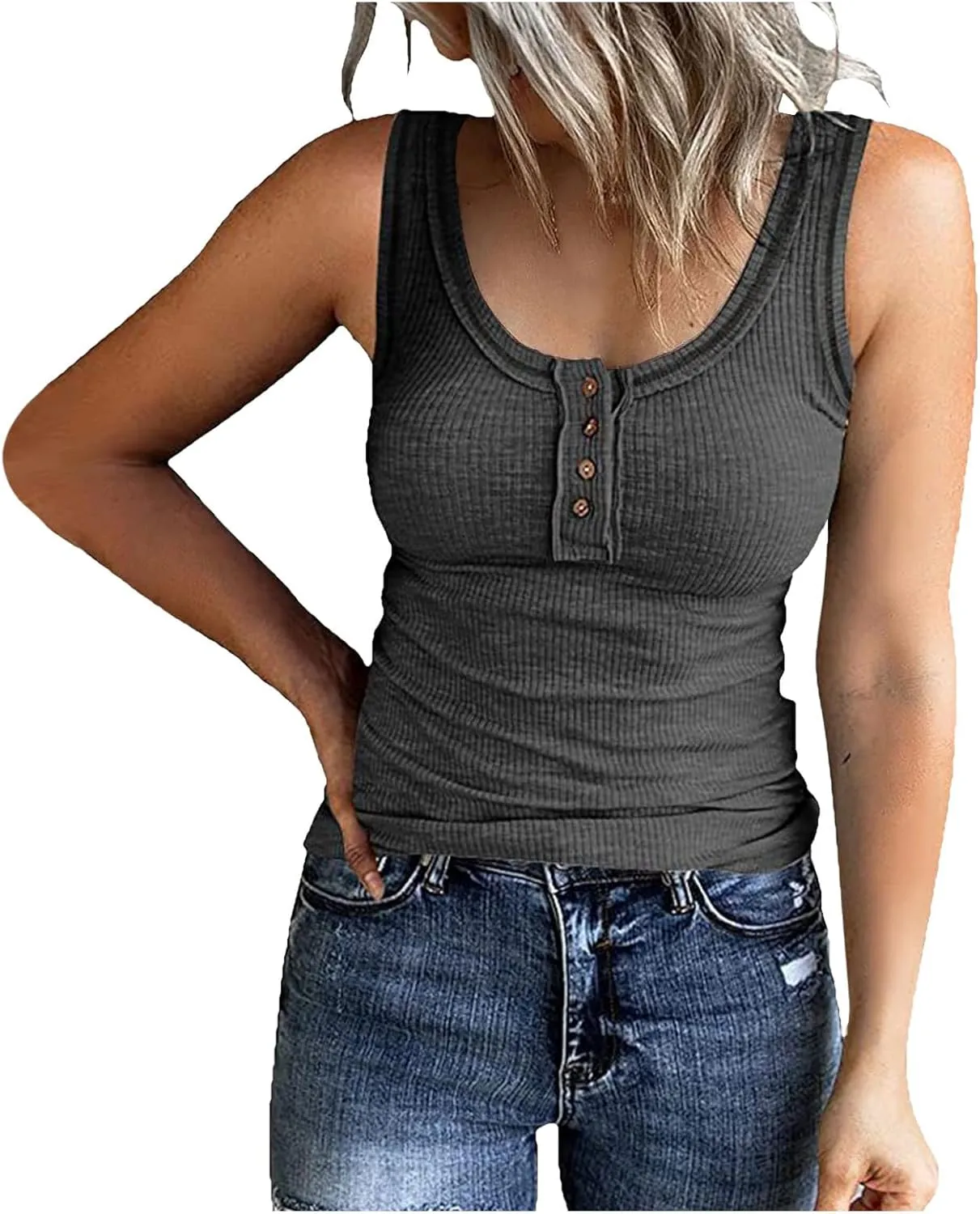Tank Tops for Women Sleeveless Henley Tank Tops Ribbed V Neck Button Down T Shirts Summer Slim Fit Tee Tops