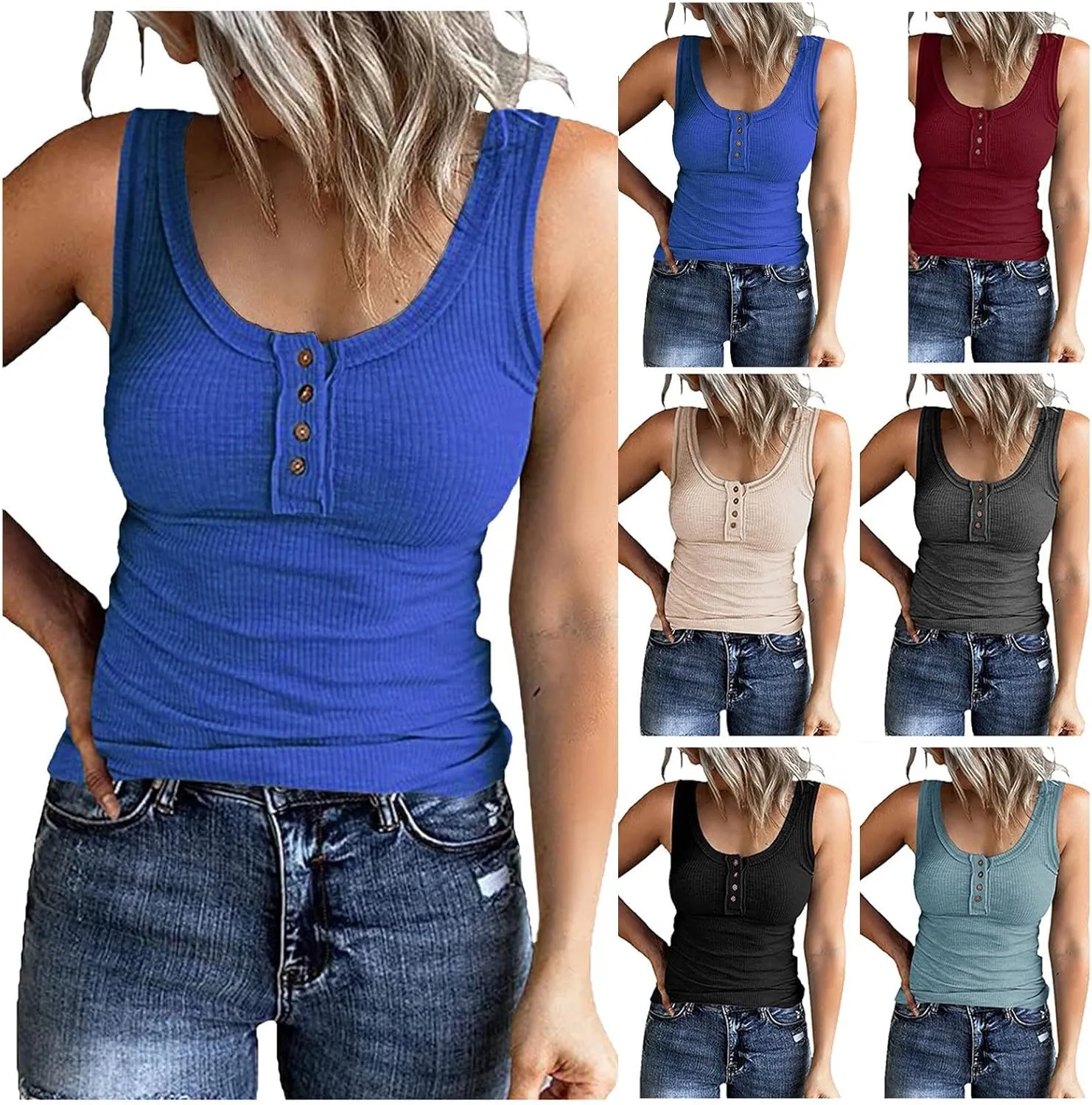 Tank Tops for Women Sleeveless Henley Tank Tops Ribbed V Neck Button Down T Shirts Summer Slim Fit Tee Tops
