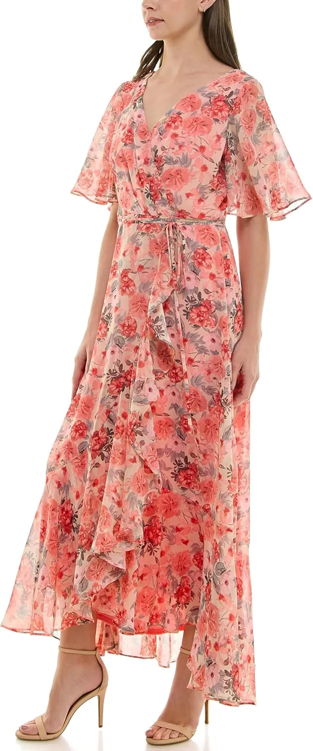 Taylor Women's Double V-Neck Flutter Sleeve Floral Wrap Maxi Dress