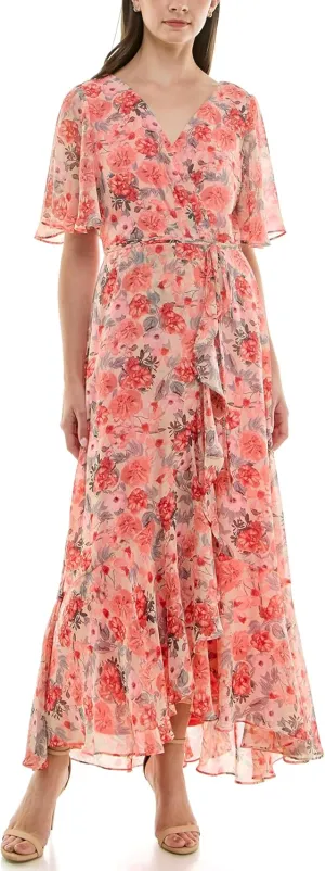 Taylor Women's Double V-Neck Flutter Sleeve Floral Wrap Maxi Dress