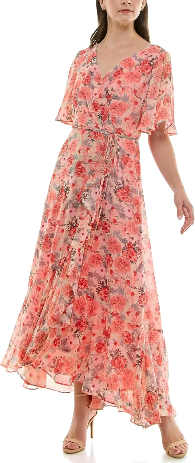 Taylor Women's Double V-Neck Flutter Sleeve Floral Wrap Maxi Dress