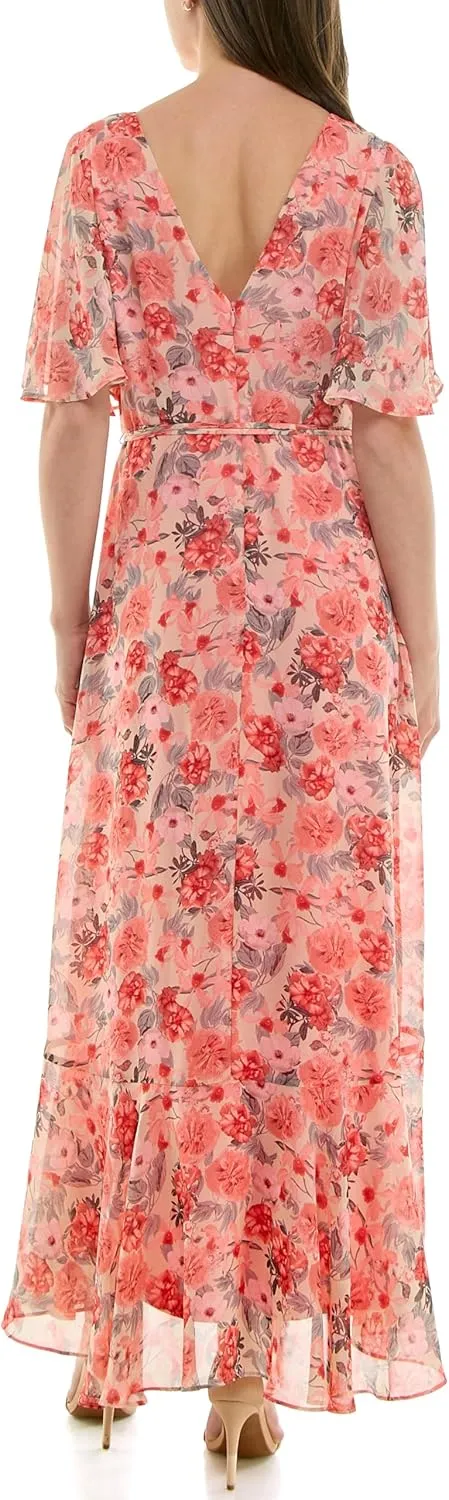 Taylor Women's Double V-Neck Flutter Sleeve Floral Wrap Maxi Dress
