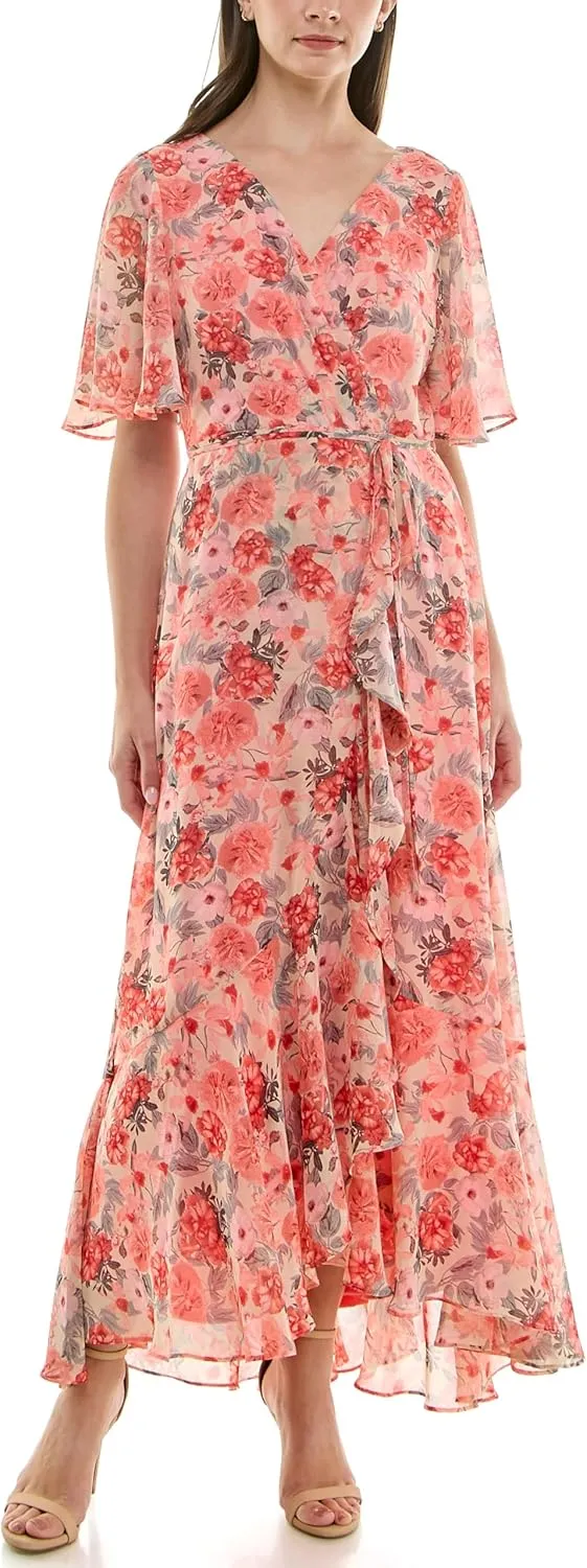 Taylor Women's Double V-Neck Flutter Sleeve Floral Wrap Maxi Dress