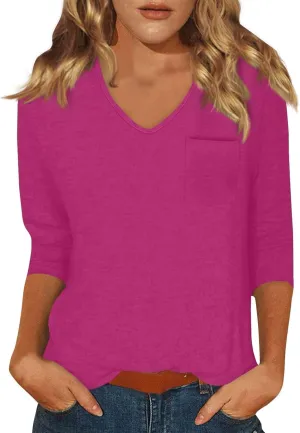 Tops for Women Trendy Summer V Neck 3/4 Sleeve Work Tops Solid Color Baggy Blouses Lightweight Business Tunic Tops
