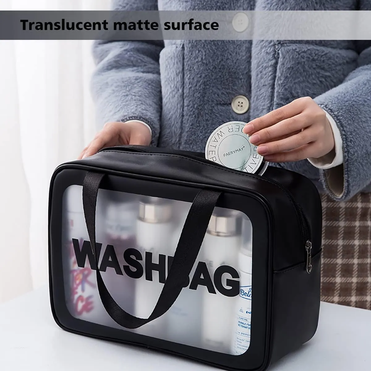 Travel Toiletry Bag for Women and Men, Matte Translucent Toiletry Bag with Handy Handle, Makeup Cosmetic Organizer Bag for Travel Toiletries Accessories (Black)