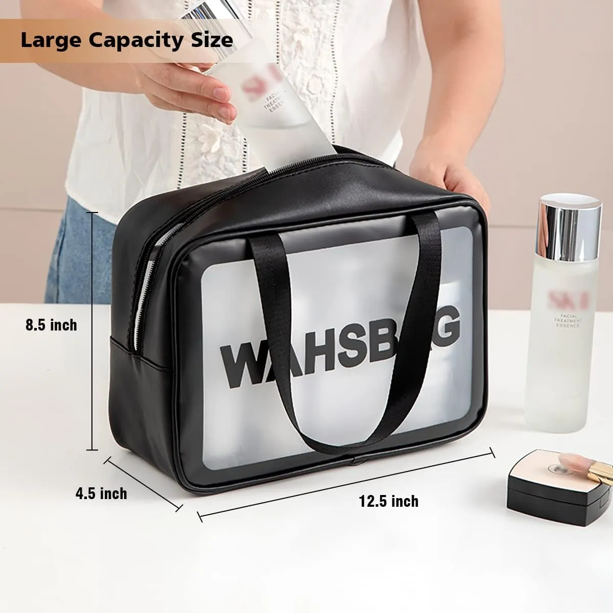 Travel Toiletry Bag for Women and Men, Matte Translucent Toiletry Bag with Handy Handle, Makeup Cosmetic Organizer Bag for Travel Toiletries Accessories (Black)