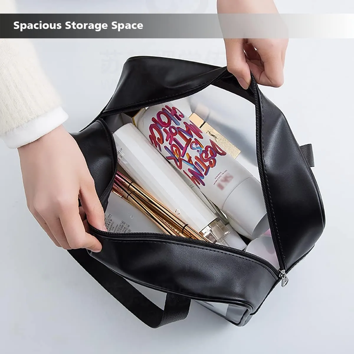 Travel Toiletry Bag for Women and Men, Matte Translucent Toiletry Bag with Handy Handle, Makeup Cosmetic Organizer Bag for Travel Toiletries Accessories (Black)