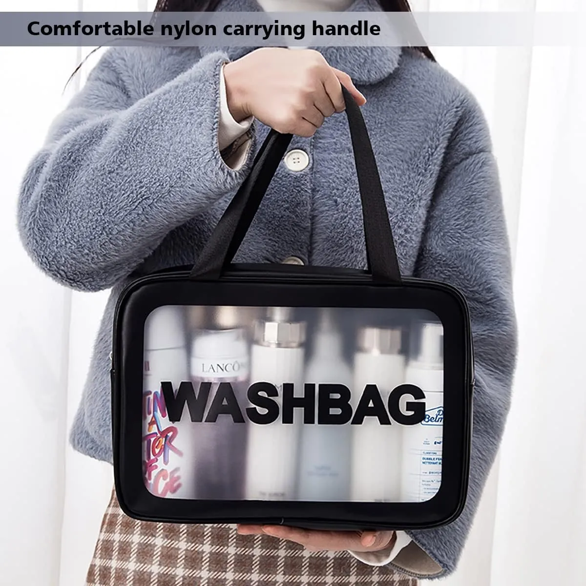 Travel Toiletry Bag for Women and Men, Matte Translucent Toiletry Bag with Handy Handle, Makeup Cosmetic Organizer Bag for Travel Toiletries Accessories (Black)