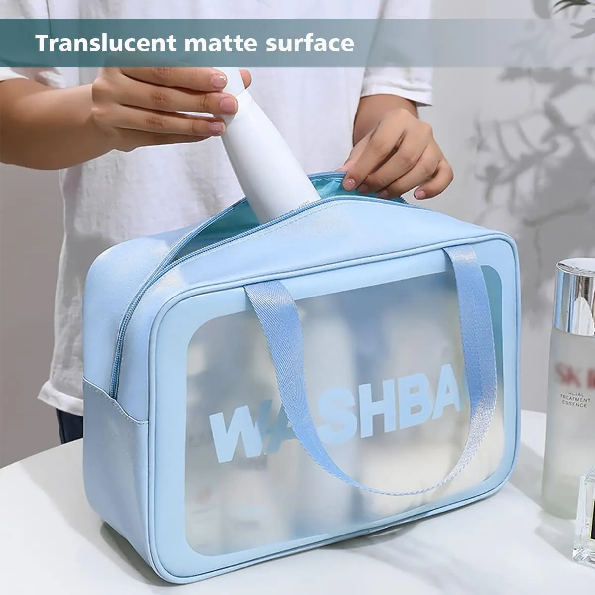 Travel Toiletry Bag for Women and Men, Matte Translucent Toiletry Bag with Handy Handle, Makeup Cosmetic Organizer Bag for Travel Toiletries Accessories (Blue)