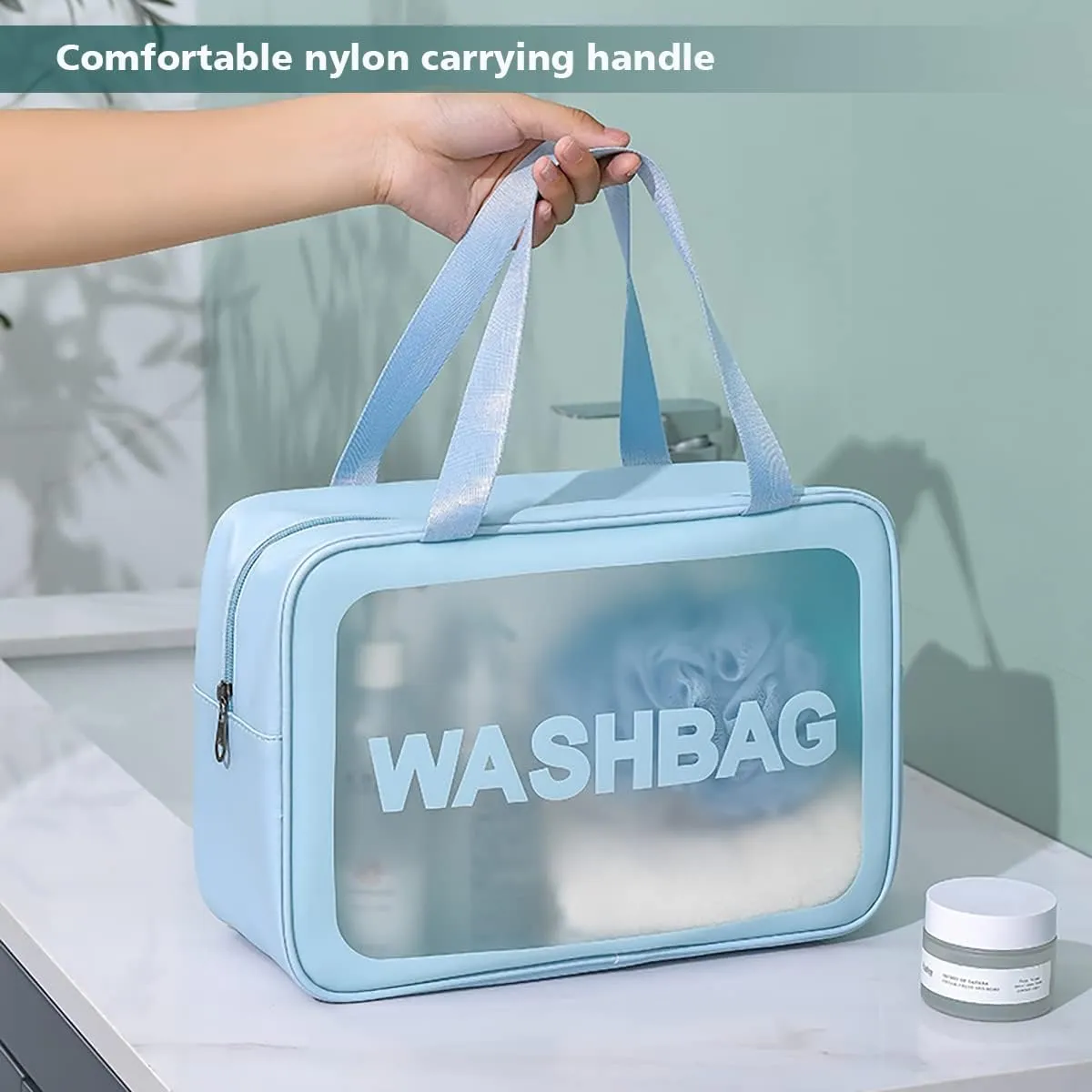 Travel Toiletry Bag for Women and Men, Matte Translucent Toiletry Bag with Handy Handle, Makeup Cosmetic Organizer Bag for Travel Toiletries Accessories (Blue)