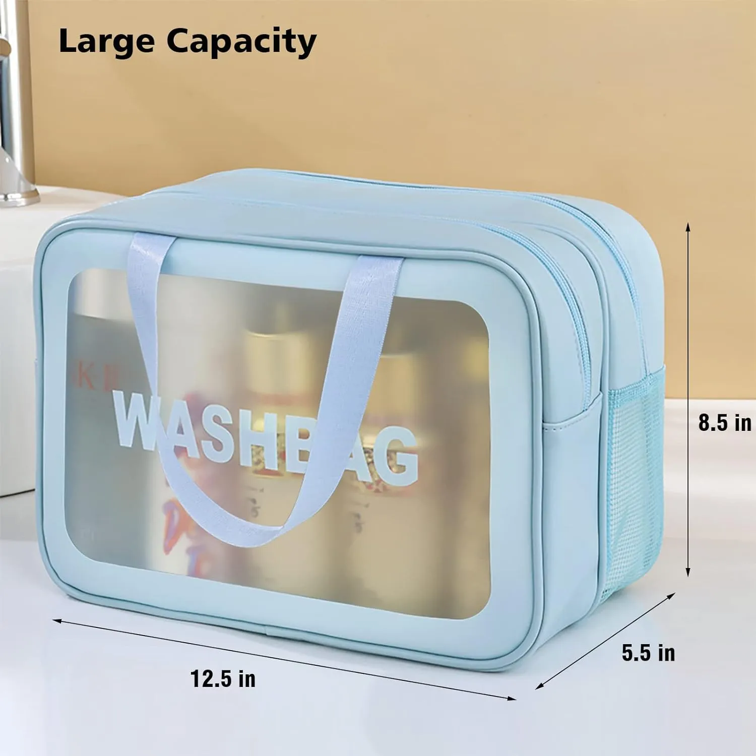 Travel Toiletry Bag for Women, Matte Translucent Toiletry Bag with Handy Handle, Makeup Cosmetic Organizer Bag for Travel Toiletries Accessories (Blue-XL)