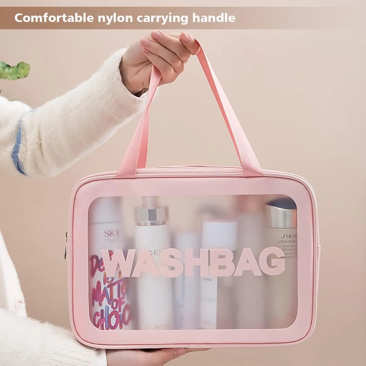 Travel Toiletry Bag for Women, Matte Translucent Toiletry Bag with Handy Handle, Makeup Cosmetic Organizer Bag for Travel Toiletries Accessories (Pink)