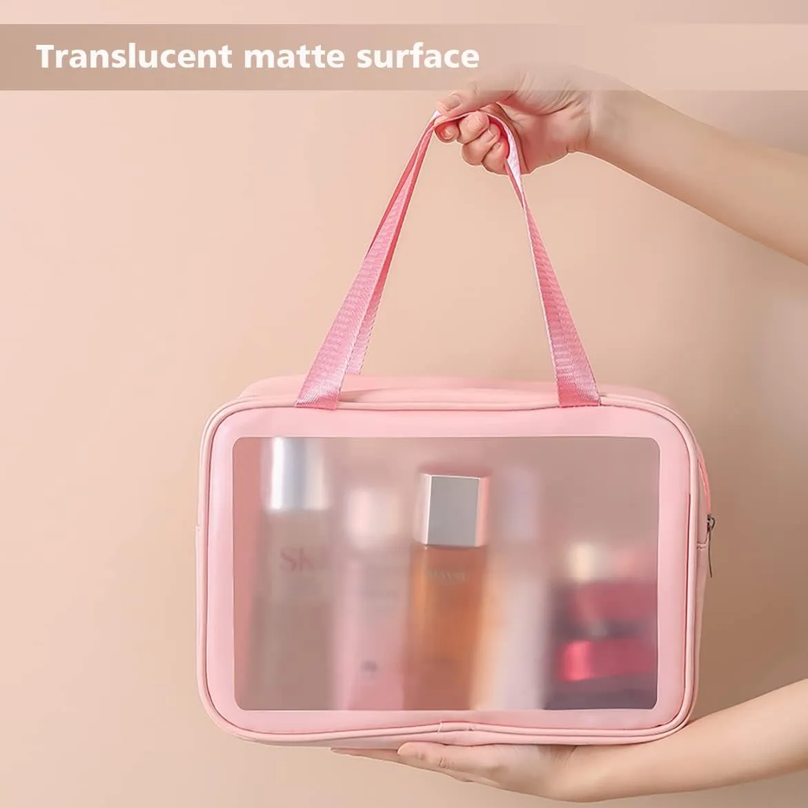 Travel Toiletry Bag for Women, Matte Translucent Toiletry Bag with Handy Handle, Makeup Cosmetic Organizer Bag for Travel Toiletries Accessories (Pink)