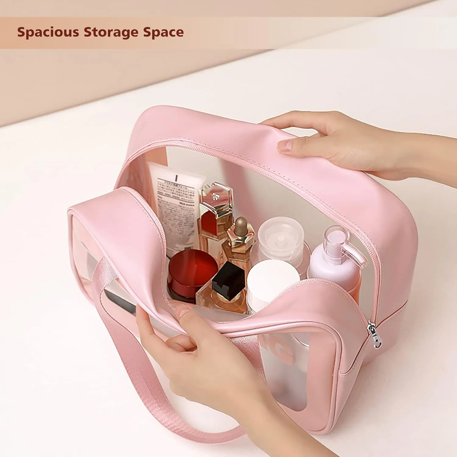 Travel Toiletry Bag for Women, Matte Translucent Toiletry Bag with Handy Handle, Makeup Cosmetic Organizer Bag for Travel Toiletries Accessories (Pink)