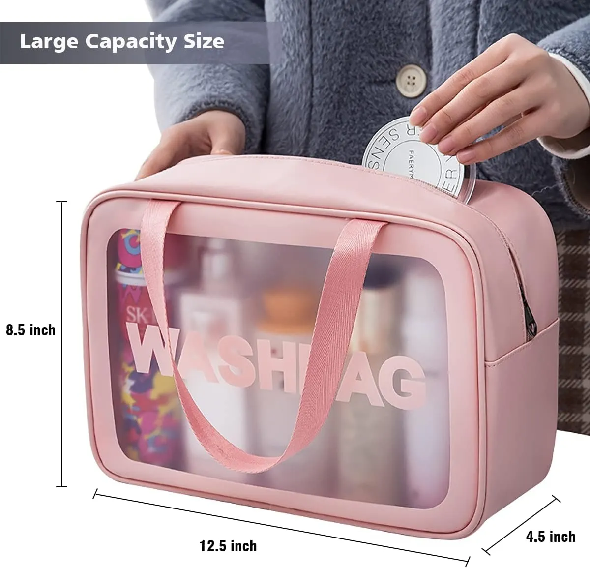 Travel Toiletry Bag for Women, Matte Translucent Toiletry Bag with Handy Handle, Makeup Cosmetic Organizer Bag for Travel Toiletries Accessories (Pink)