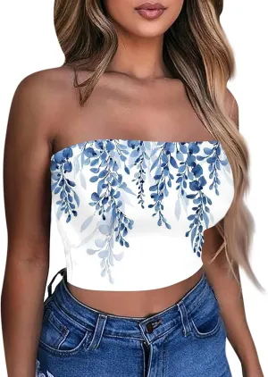 Tube Tops for Women with Built in Bra Floral Printed Strapless Slim Fit Crop Tops Going Out Tank Tops for Teens