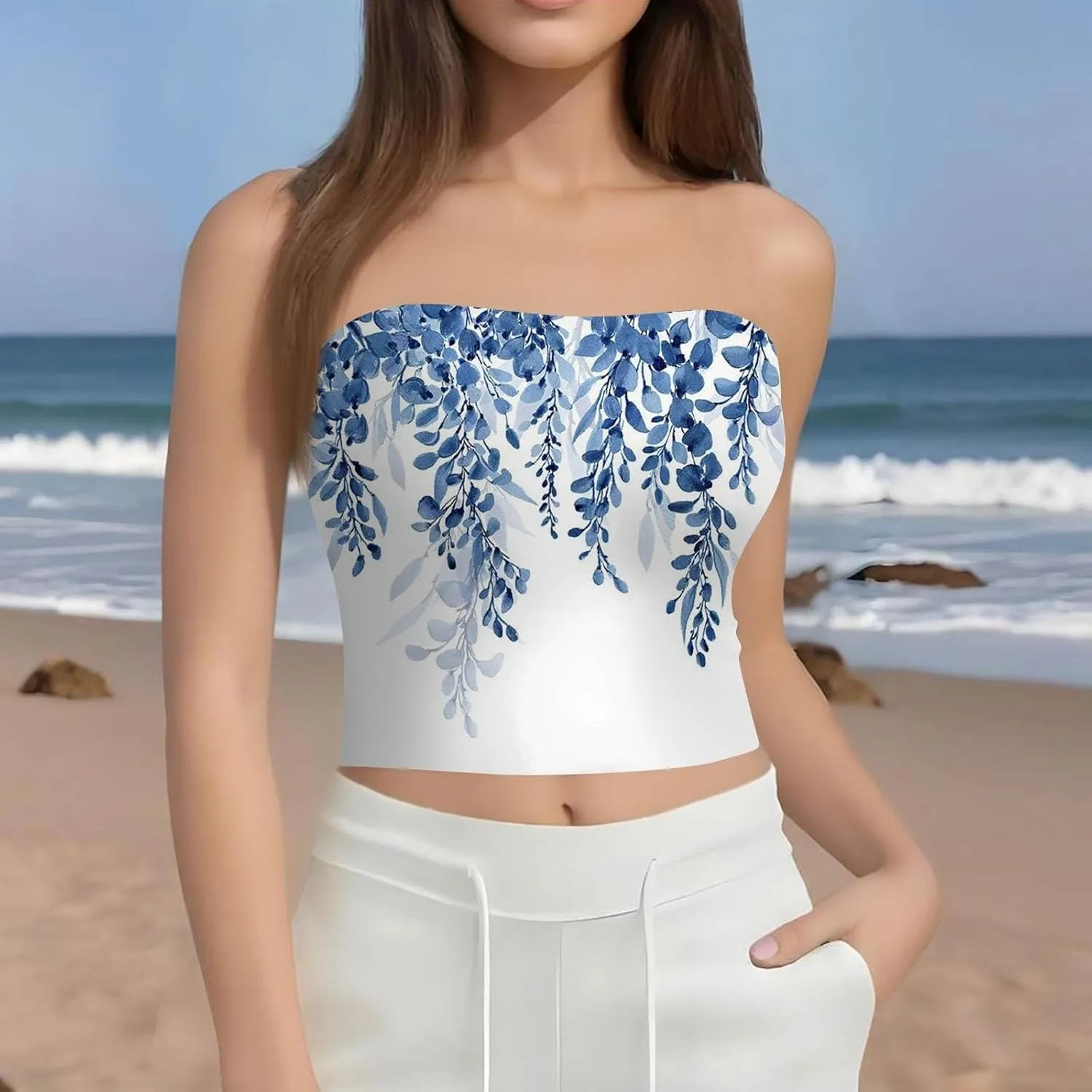 Tube Tops for Women with Built in Bra Floral Printed Strapless Slim Fit Crop Tops Going Out Tank Tops for Teens