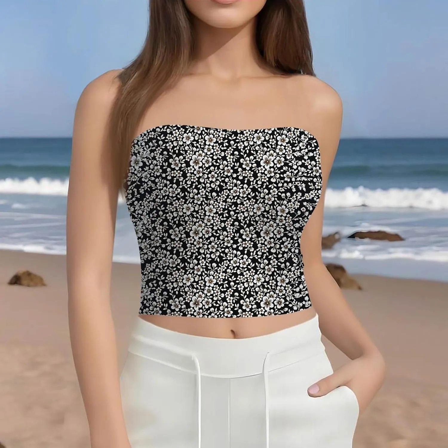 Tube Tops for Women with Built in Bra Floral Printed Strapless Slim Fit Crop Tops Going Out Tank Tops for Teens