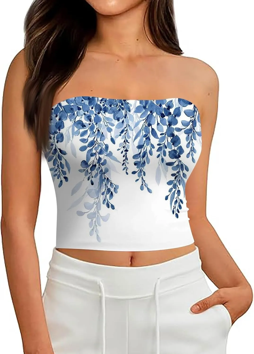Tube Tops for Women with Built in Bra Floral Printed Strapless Slim Fit Crop Tops Going Out Tank Tops for Teens