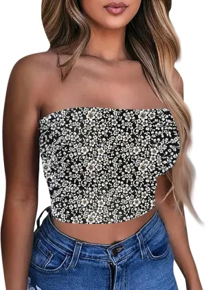 Tube Tops for Women with Built in Bra Floral Printed Strapless Slim Fit Crop Tops Going Out Tank Tops for Teens