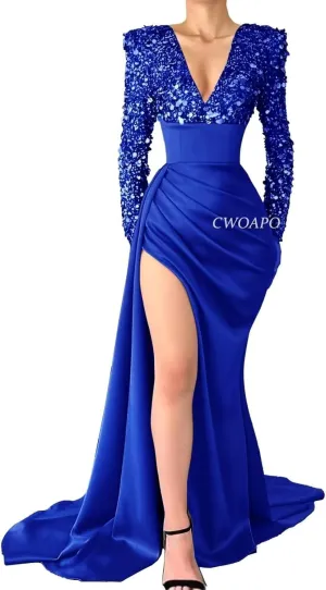V Neck Sequin Long Sleeve Prom Dresses Satin Mermaid Evening Gowns for Women Formal Wedding Party Gala Dress with Slit