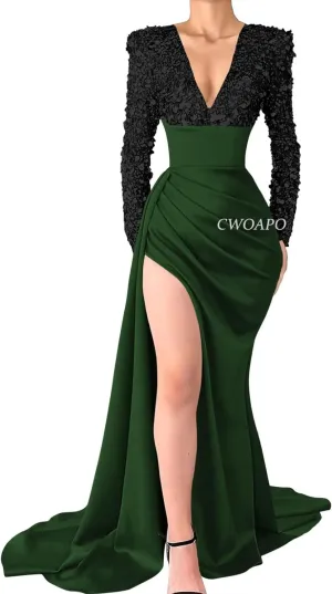 V Neck Sequin Long Sleeve Prom Dresses Satin Mermaid Evening Gowns for Women Formal Wedding Party Gala Dress with Slit