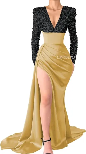 V Neck Sequin Long Sleeve Prom Dresses Satin Mermaid Evening Gowns for Women Formal Wedding Party Gala Dress with Slit