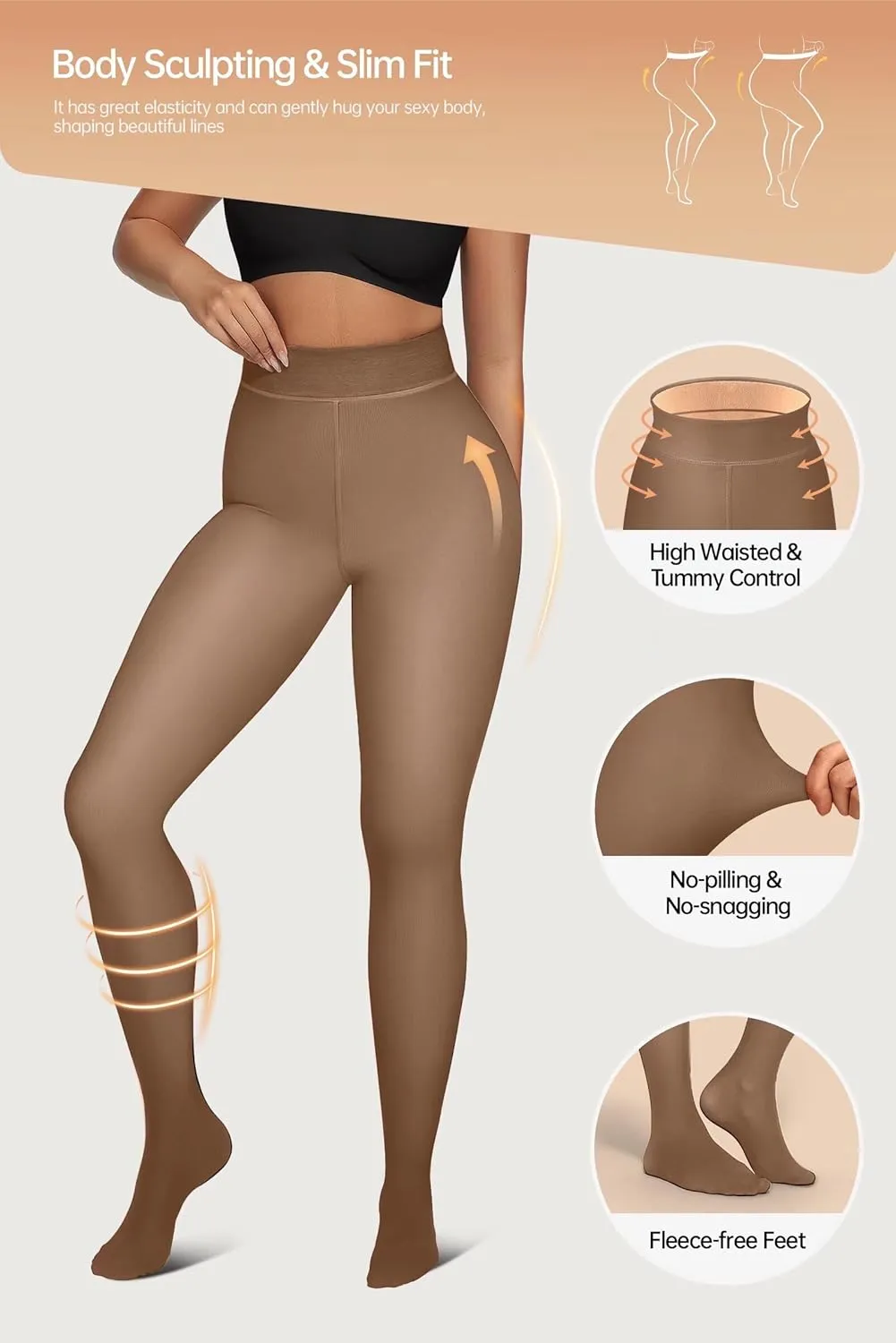 Vertvie 2 Pairs Fleece Lined Tights Women Crotch One Seam Line Warm Sheer Pantyhose Fake Translucent Thermal Thick Leggings