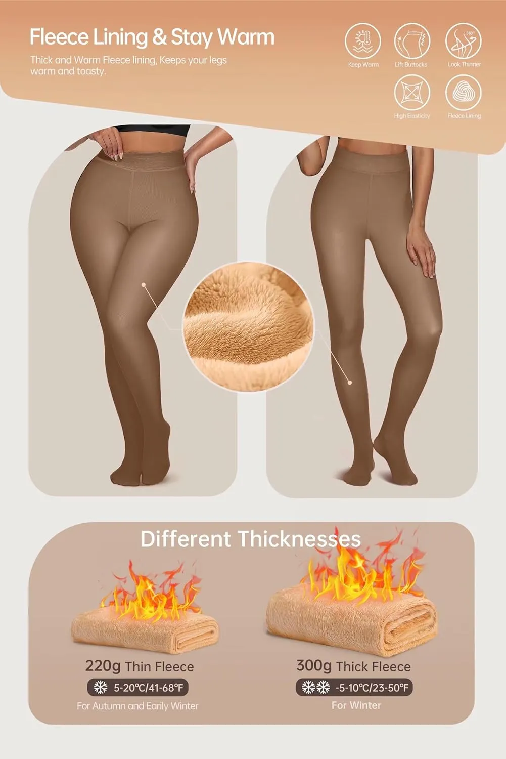 Vertvie 2 Pairs Fleece Lined Tights Women Crotch One Seam Line Warm Sheer Pantyhose Fake Translucent Thermal Thick Leggings