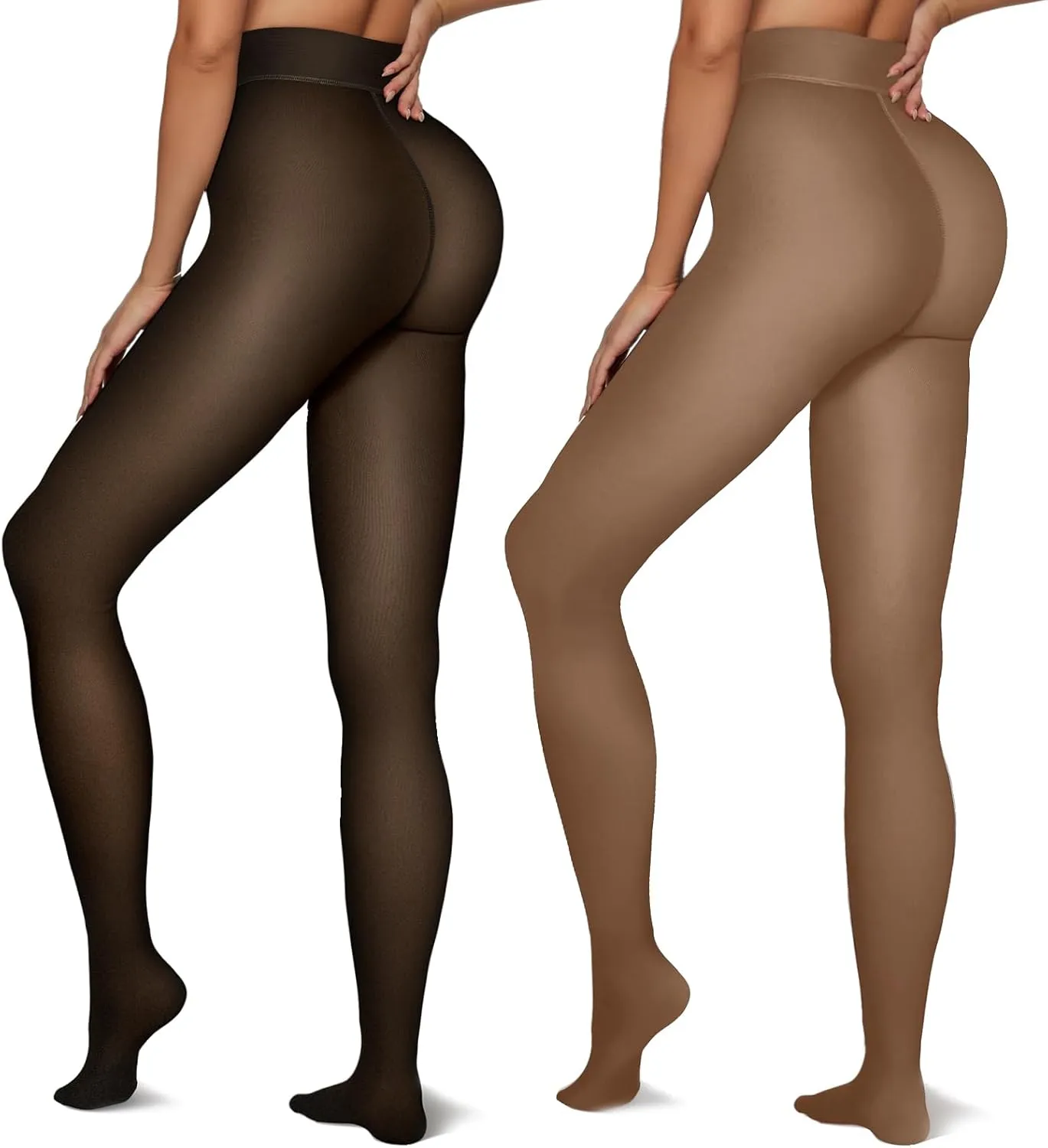 Vertvie 2 Pairs Fleece Lined Tights Women Crotch One Seam Line Warm Sheer Pantyhose Fake Translucent Thermal Thick Leggings