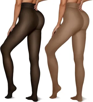 Vertvie 2 Pairs Fleece Lined Tights Women Crotch One Seam Line Warm Sheer Pantyhose Fake Translucent Thermal Thick Leggings