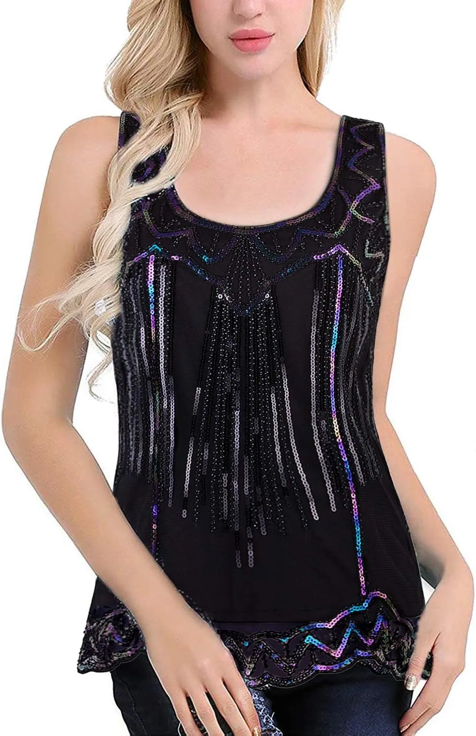 Vijiv Womens 1920s Vintage Beaded Tops Art Deco Sleeveless Embellished Sparkly Sequin Vest Tank Top