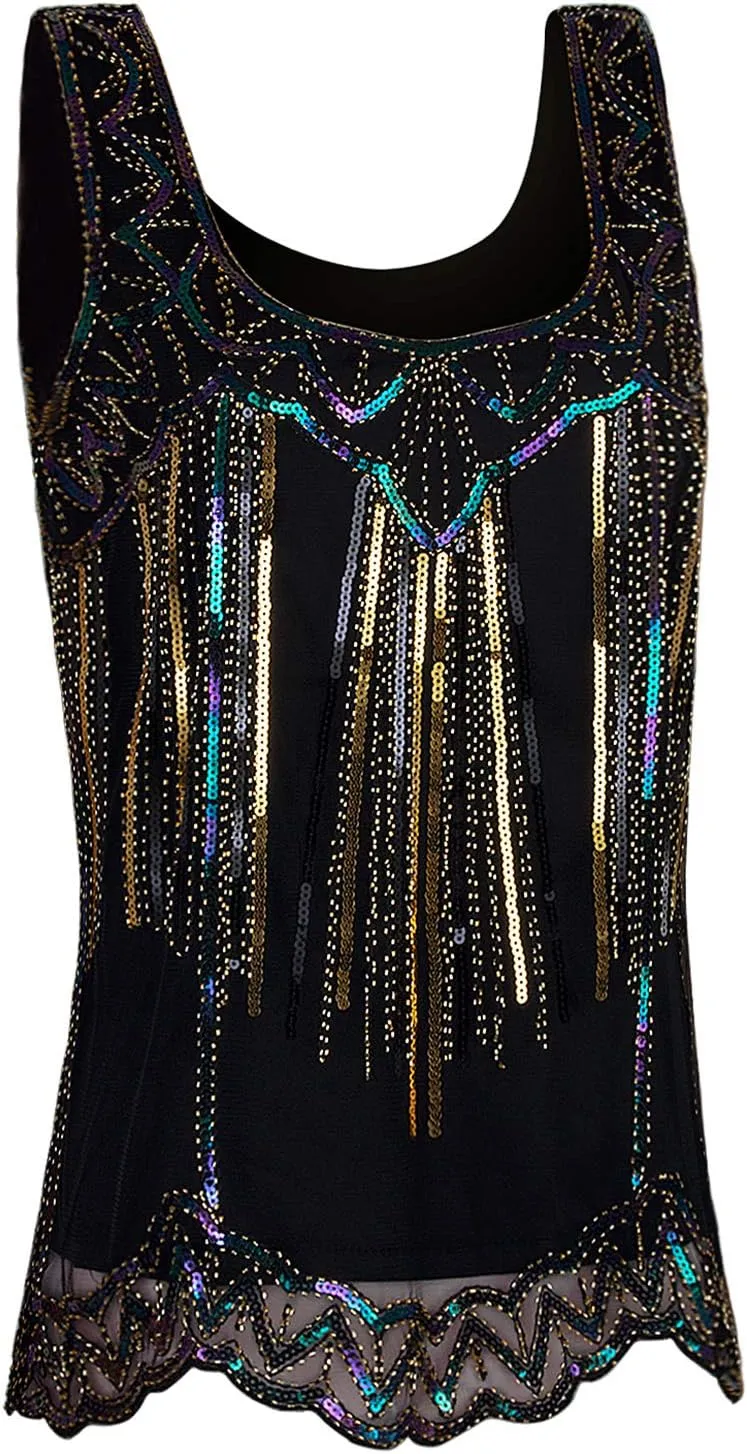 Vijiv Womens 1920s Vintage Beaded Tops Art Deco Sleeveless Embellished Sparkly Sequin Vest Tank Top