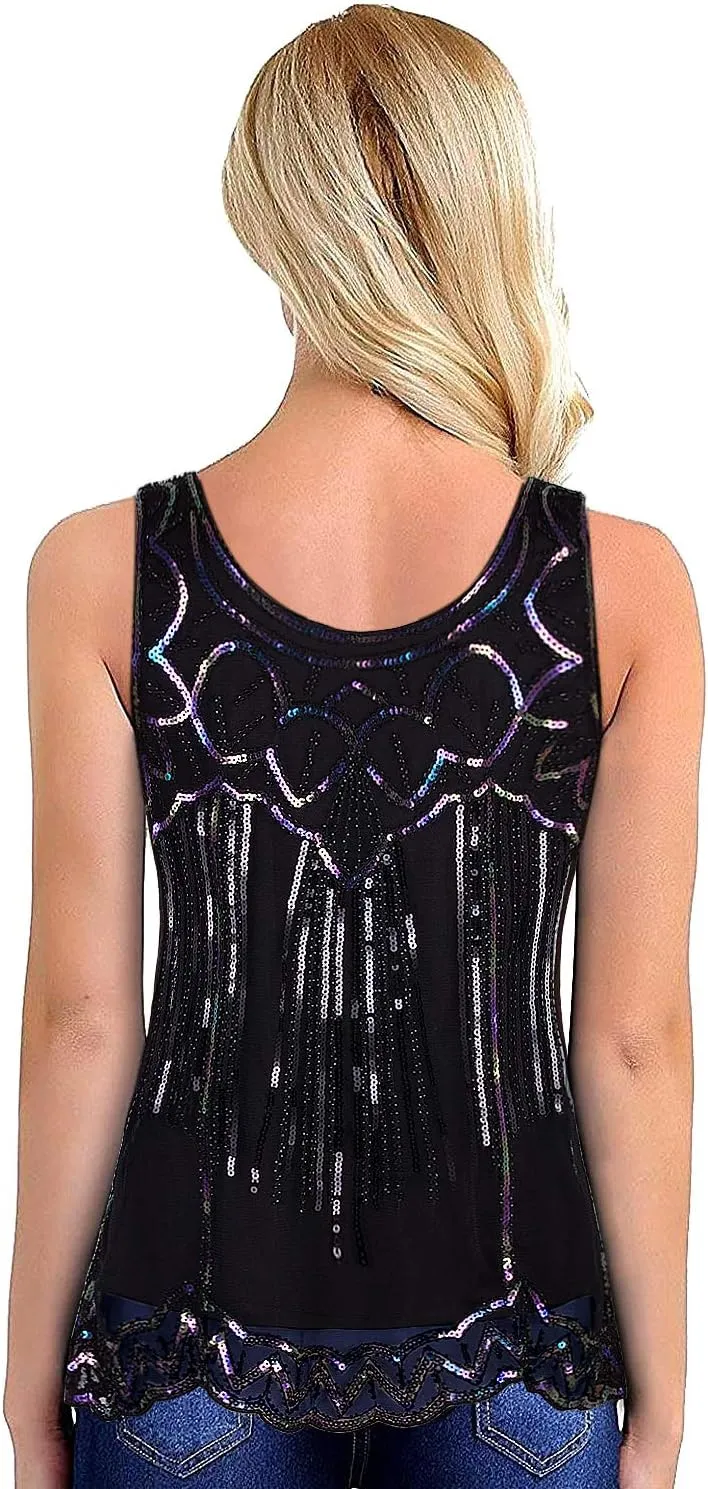 Vijiv Womens 1920s Vintage Beaded Tops Art Deco Sleeveless Embellished Sparkly Sequin Vest Tank Top