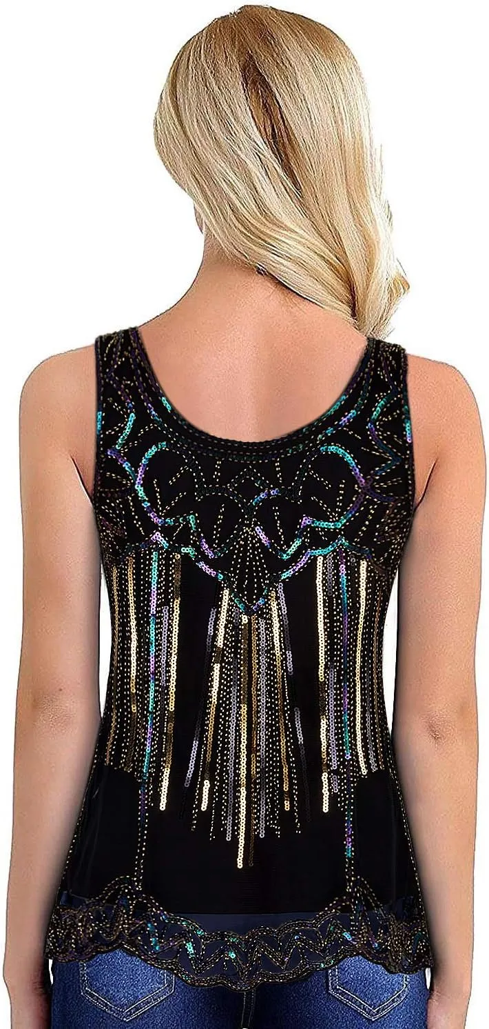 Vijiv Womens 1920s Vintage Beaded Tops Art Deco Sleeveless Embellished Sparkly Sequin Vest Tank Top