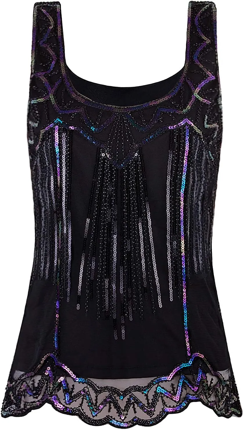 Vijiv Womens 1920s Vintage Beaded Tops Art Deco Sleeveless Embellished Sparkly Sequin Vest Tank Top