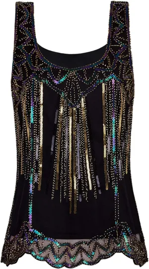 Vijiv Womens 1920s Vintage Beaded Tops Art Deco Sleeveless Embellished Sparkly Sequin Vest Tank Top