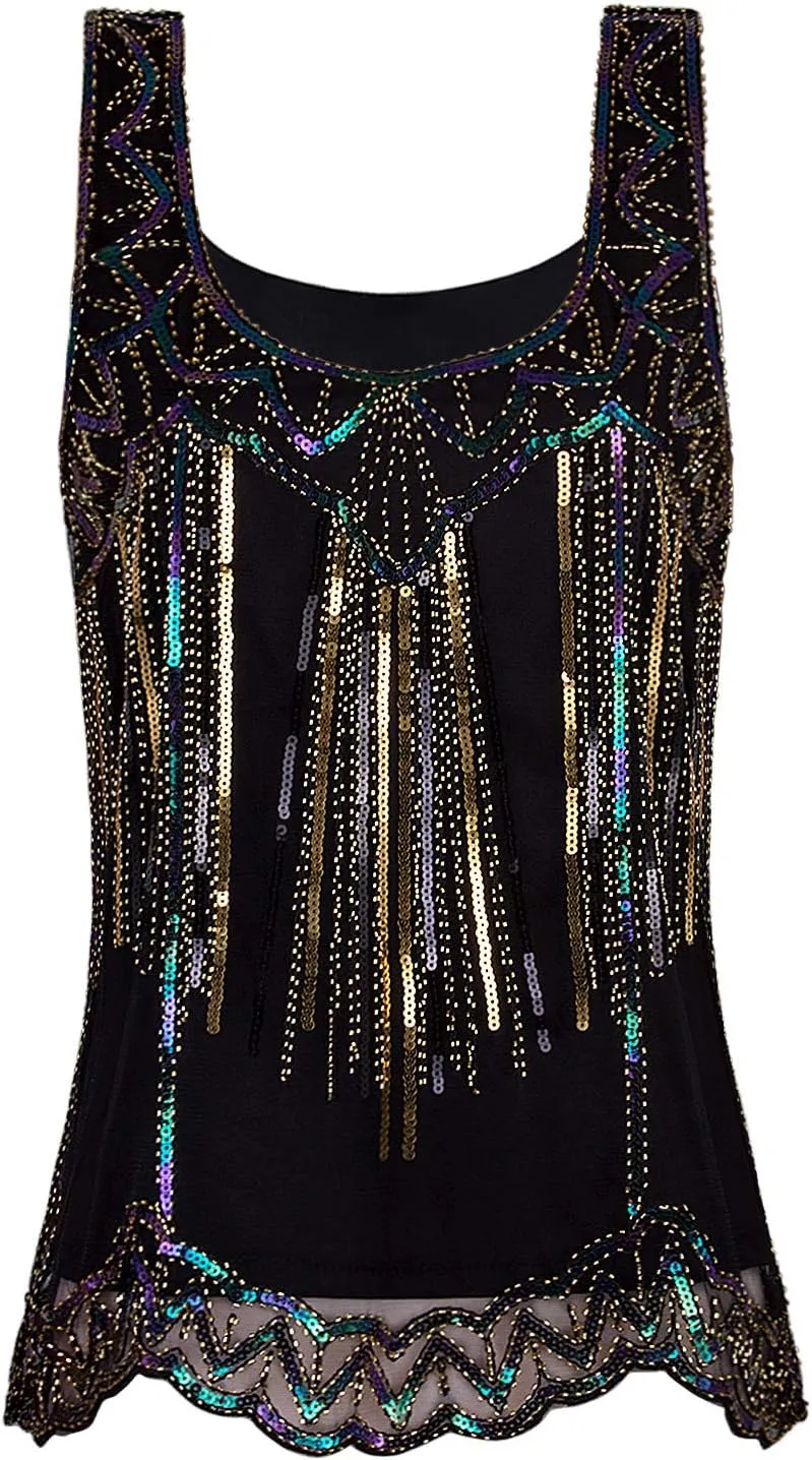 Vijiv Womens 1920s Vintage Beaded Tops Art Deco Sleeveless Embellished Sparkly Sequin Vest Tank Top