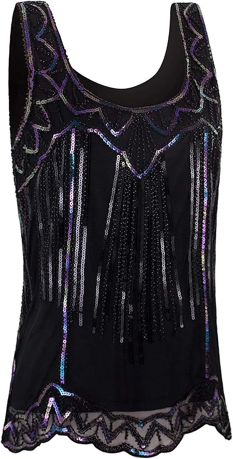 Vijiv Womens 1920s Vintage Beaded Tops Art Deco Sleeveless Embellished Sparkly Sequin Vest Tank Top
