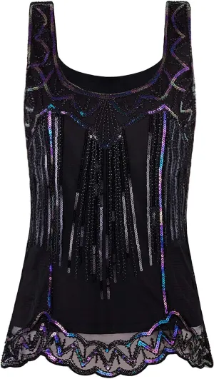 Vijiv Womens 1920s Vintage Beaded Tops Art Deco Sleeveless Embellished Sparkly Sequin Vest Tank Top