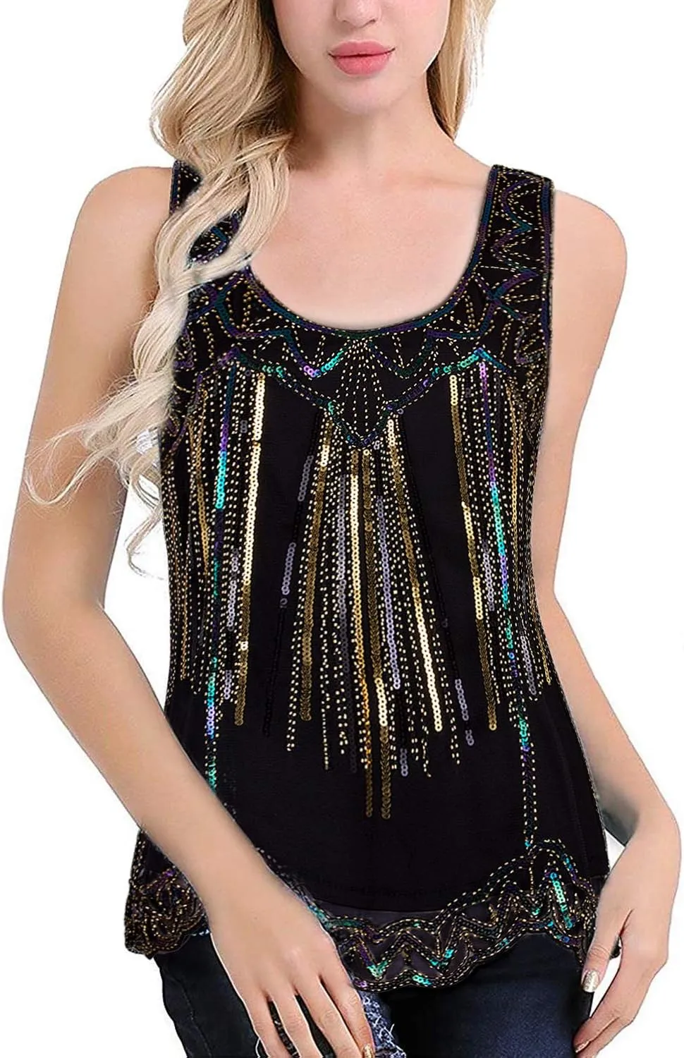 Vijiv Womens 1920s Vintage Beaded Tops Art Deco Sleeveless Embellished Sparkly Sequin Vest Tank Top