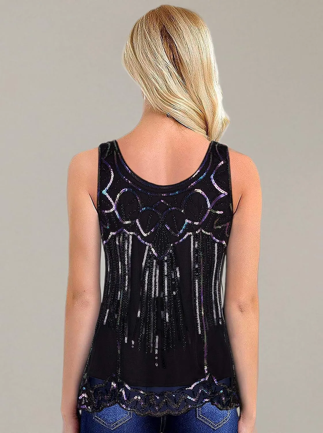 Vijiv Womens 1920s Vintage Beaded Tops Art Deco Sleeveless Embellished Sparkly Sequin Vest Tank Top