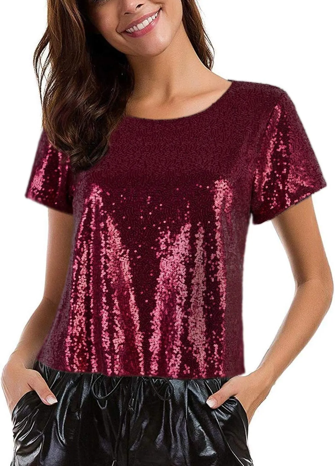 Vijiv Women's Glitter Glam Sequin Top Loose Sleeves Sparkly Shimmer Party Bridesmaid Sequined Tunic Top
