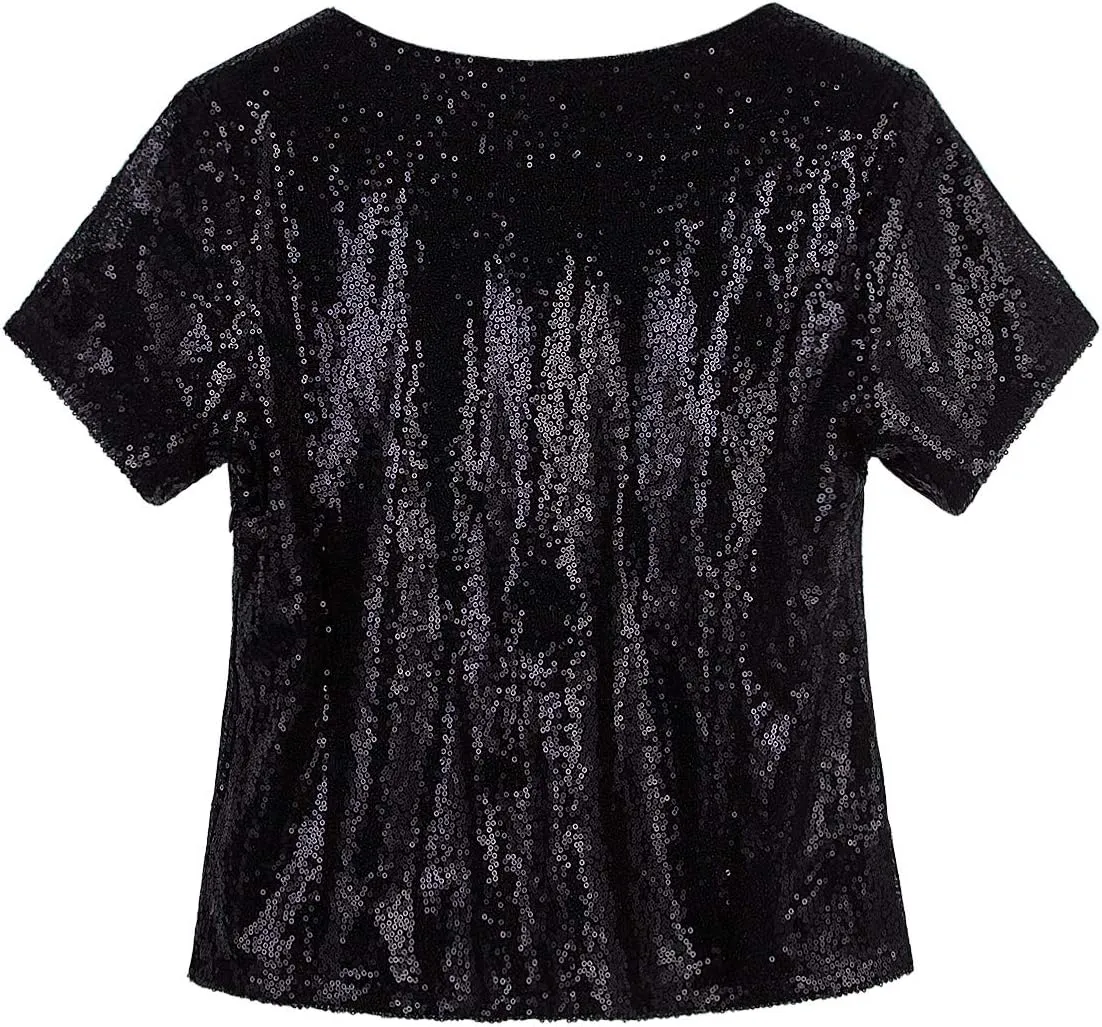 Vijiv Women's Glitter Glam Sequin Top Loose Sleeves Sparkly Shimmer Party Bridesmaid Sequined Tunic Top