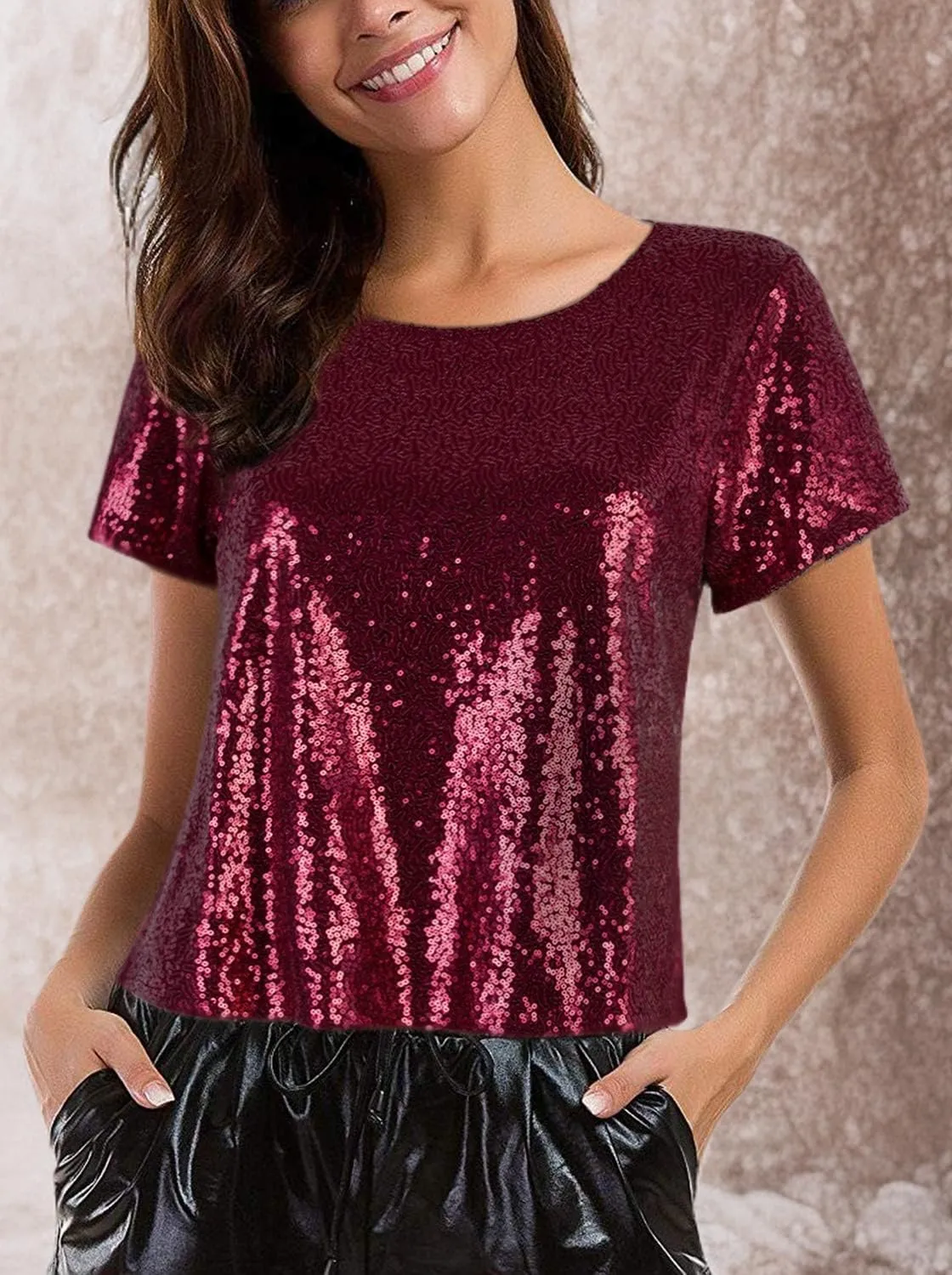 Vijiv Women's Glitter Glam Sequin Top Loose Sleeves Sparkly Shimmer Party Bridesmaid Sequined Tunic Top