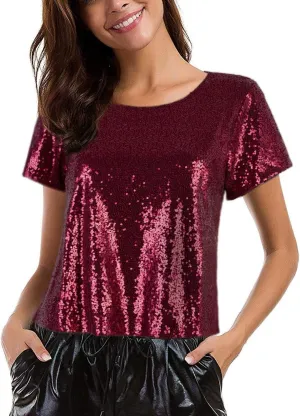 Vijiv Women's Glitter Glam Sequin Top Loose Sleeves Sparkly Shimmer Party Bridesmaid Sequined Tunic Top