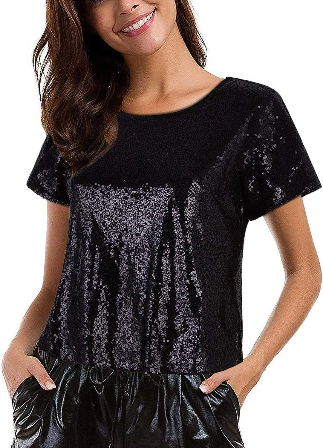 Vijiv Women's Glitter Glam Sequin Top Loose Sleeves Sparkly Shimmer Party Bridesmaid Sequined Tunic Top