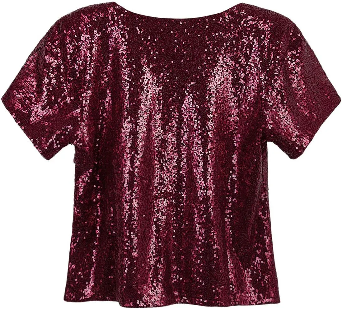 Vijiv Women's Glitter Glam Sequin Top Loose Sleeves Sparkly Shimmer Party Bridesmaid Sequined Tunic Top