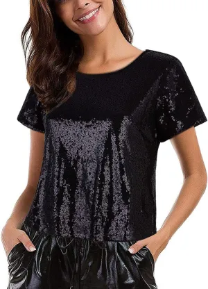 Vijiv Women's Glitter Glam Sequin Top Loose Sleeves Sparkly Shimmer Party Bridesmaid Sequined Tunic Top