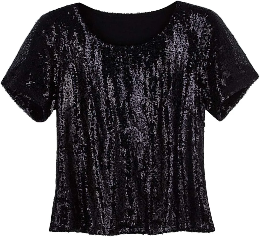 Vijiv Women's Glitter Glam Sequin Top Loose Sleeves Sparkly Shimmer Party Bridesmaid Sequined Tunic Top